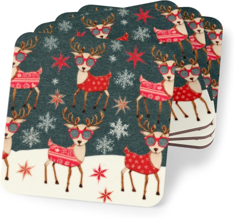 Four Pieces Retro Reindeer Christmas Coaster â€“ Vintage Holiday Wood Coaster for Home & Office Coasters â€“ Elegant, Heat-Resistant & Waterproof Drink WoodCoasters, Coaster-251